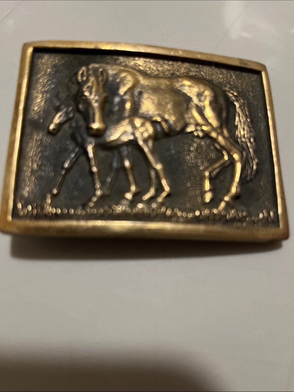 Solid Brass Belt Buckle featuring a Mare  and Foal.